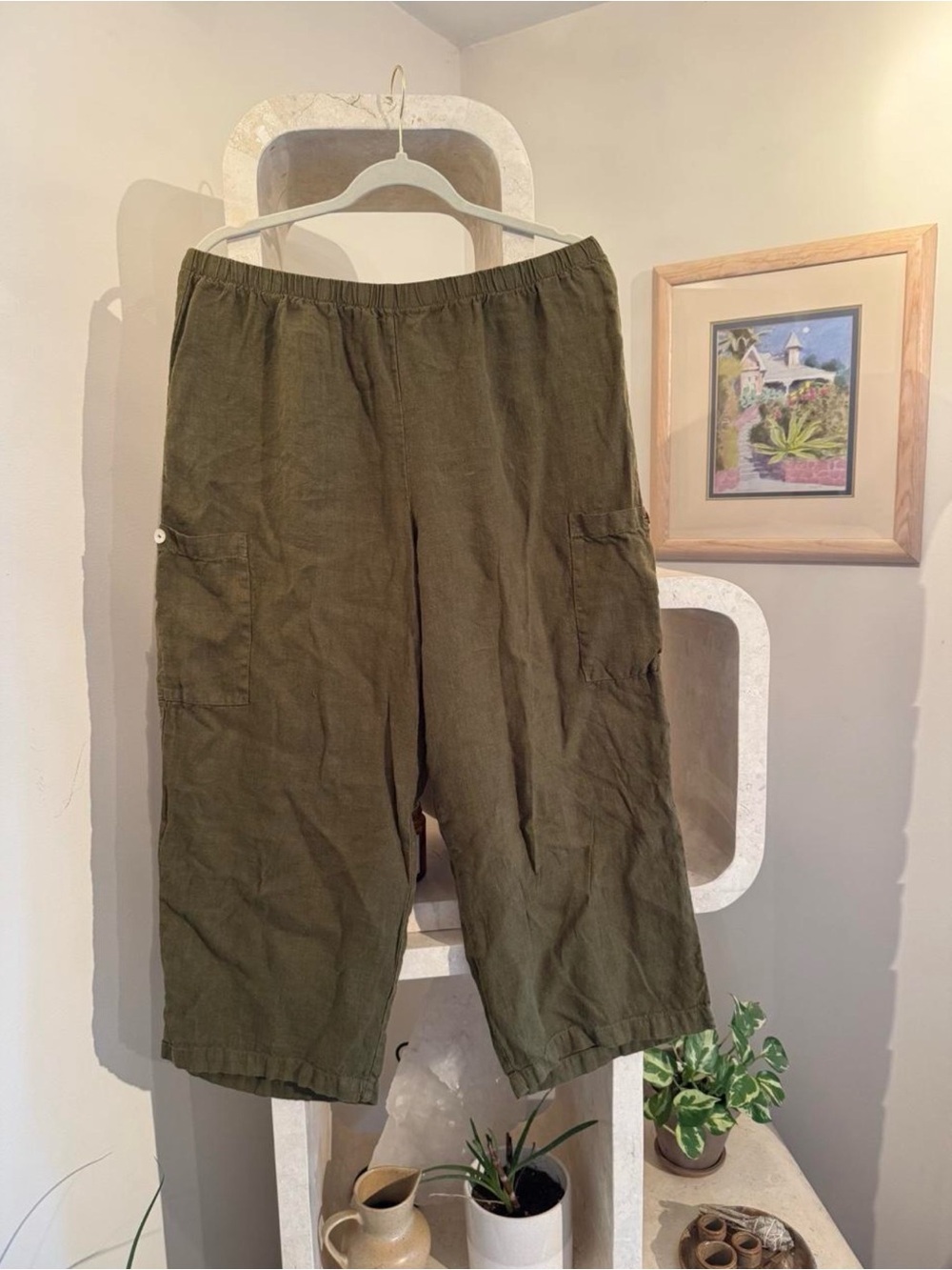 100% linen Casual Olive Green Cargo Capris